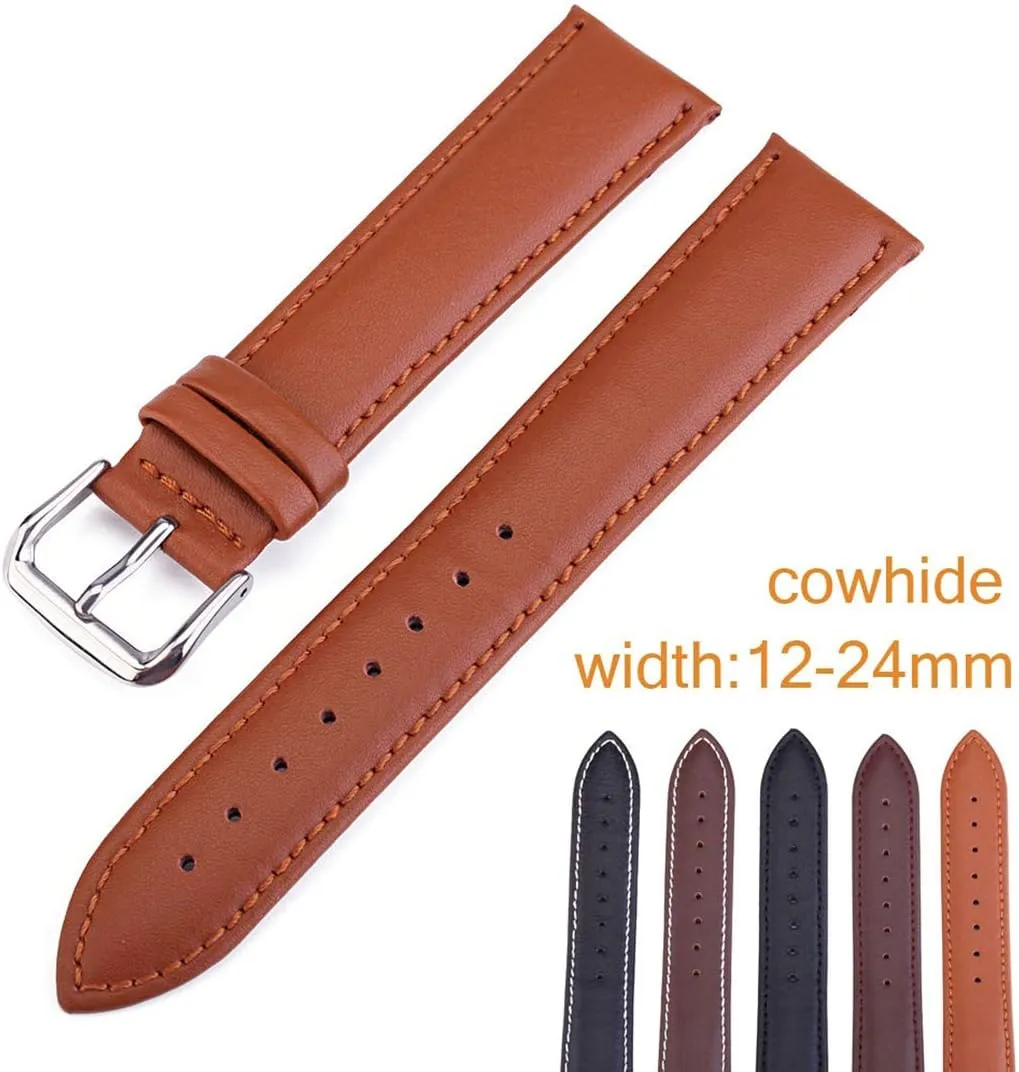 Universal Strap，12mm/14mm/16mm/18mm/19mm/20mm/22mm/24mm Replacement Leather Watch Band Cowhide Leather Strap Pin Buckle Watch Wrist Bracelet