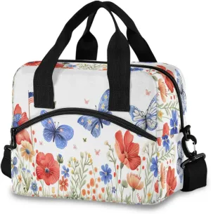 Usa Patriotic Butterfly Floral July 4th Lunch Box for Men Women Adults Insulated Lunch Bag Cooler Bag with Adjustable Shoulder Strap for Work Picnic Travel