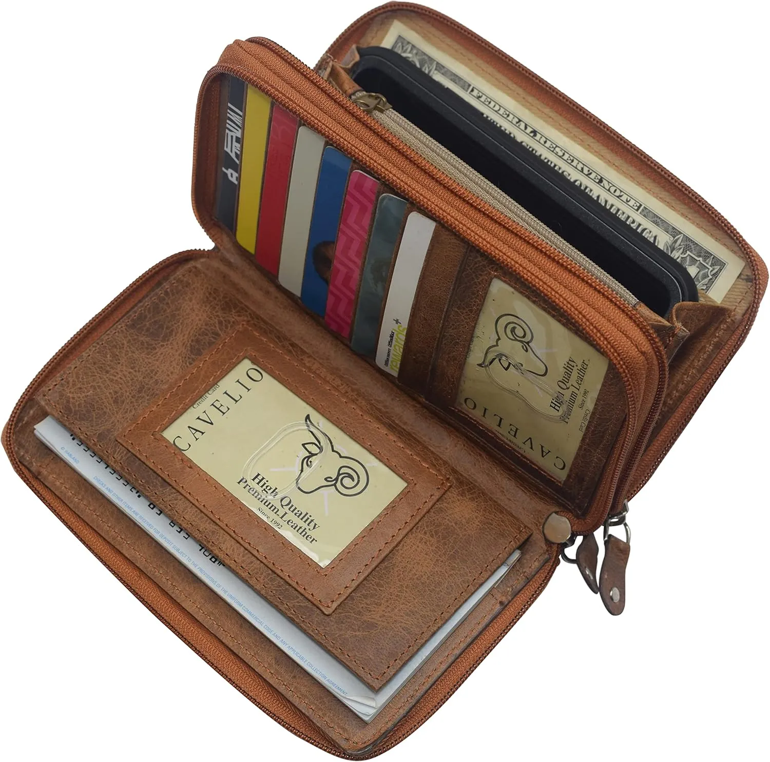 USA Women's RFID Blocking Real Leather Large Capacity Double Zip Around Wallet Phone Holder Clutch Purse