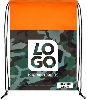 USMG 50 CT. One Color Print Custom Colored Camo Drawstring Backpack Tote Bags, Workout Bag String Bag For Promotional Gifts (Camo - Orange)