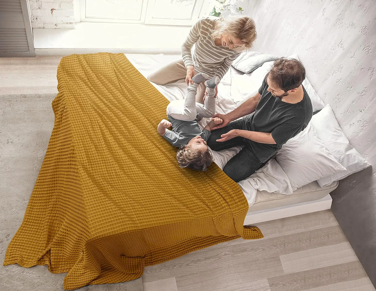 Utopia Bedding Mustard 100% Cotton Waffle Blanket 300 GSM [Queen - 90x90 Inch] Soft Lightweight Breathable Bed Blanket for All Season