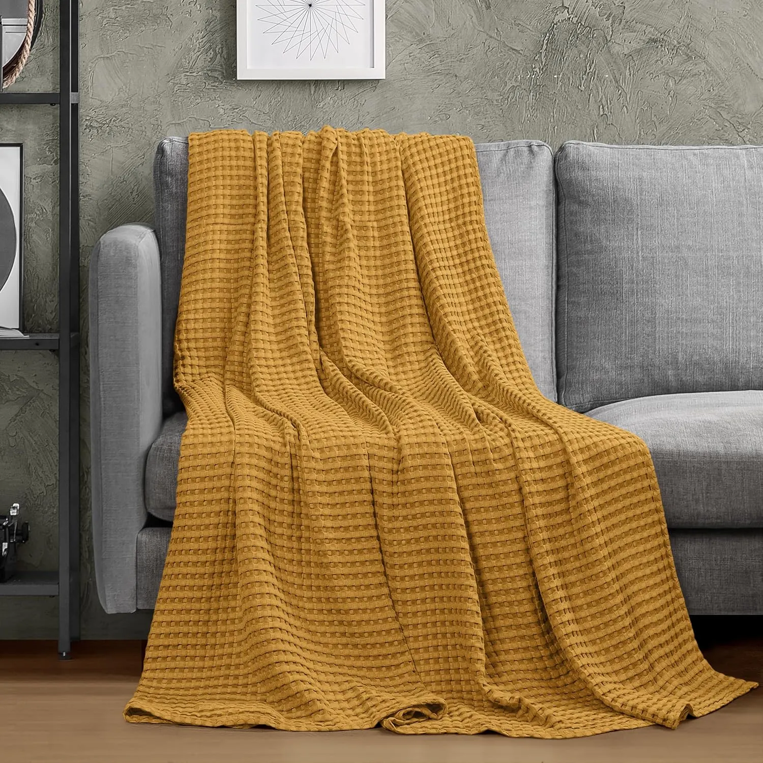 Utopia Bedding Mustard 100% Cotton Waffle Blanket 300 GSM [Queen - 90x90 Inch] Soft Lightweight Breathable Bed Blanket for All Season