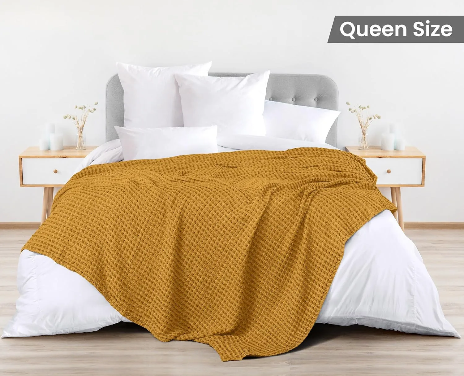 Utopia Bedding Mustard 100% Cotton Waffle Blanket 300 GSM [Queen - 90x90 Inch] Soft Lightweight Breathable Bed Blanket for All Season