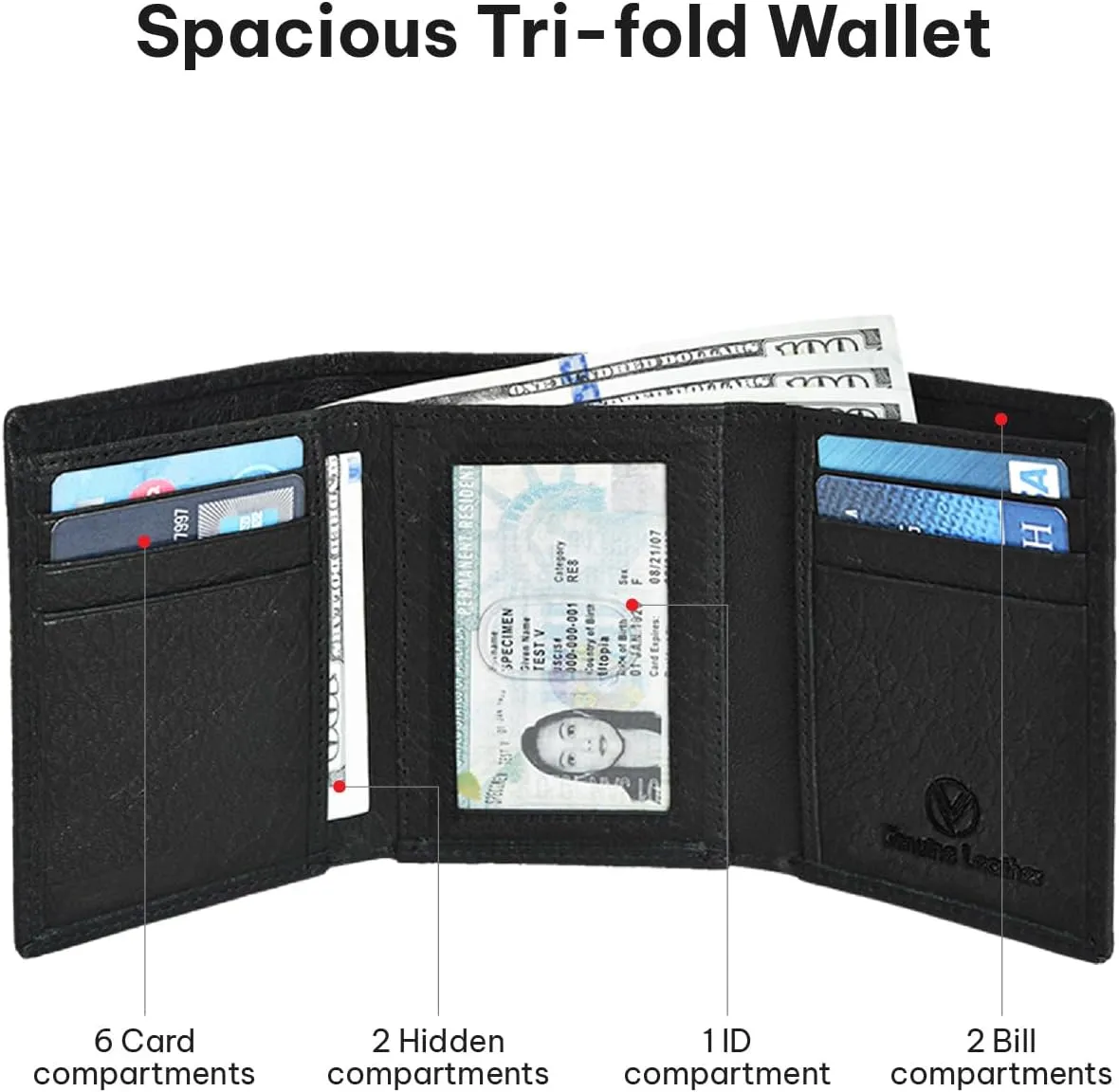 VALENCHI Leather Trifold Wallet For Men - RFID Blocking - 6 Card Slots, 2 Note Compartments & 1 ID Window - Minimalist Design, Slim Wallet - Premium, Fashionable Accessory Gifts for Men, Him
