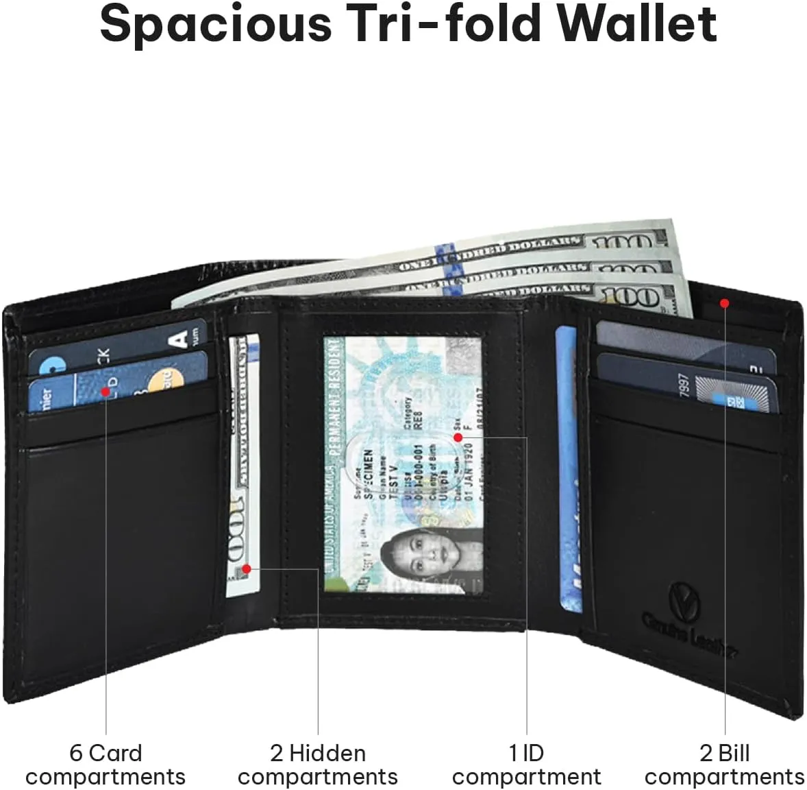 VALENCHI Leather Trifold Wallet For Men - RFID Blocking - 6 Card Slots, 2 Note Compartments & 1 ID Window - Minimalist Design, Slim Wallet - Premium, Fashionable Accessory Gifts for Men, Him