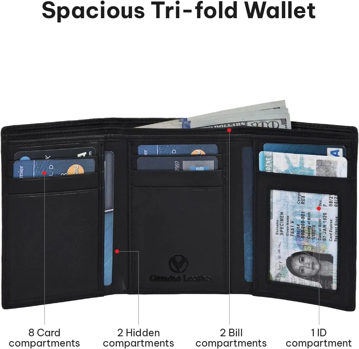 VALENCHI Leather Trifold Wallet For Men - RFID Blocking - 7 Card Slots, 2 Note Compartments & 1 ID Window - Minimalist Design, Slim Wallet - Premium, Fashionable Accessory Gifts for Men, Him