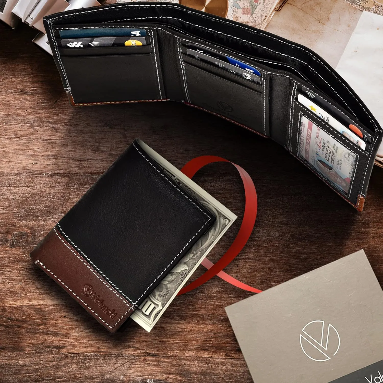 VALENCHI Leather Trifold Wallet For Men - RFID Blocking - 7 Card Slots, 2 Note Compartments & 1 ID Window - Minimalist Design, Slim Wallet - Premium, Fashionable Accessory Gifts for Men, Him