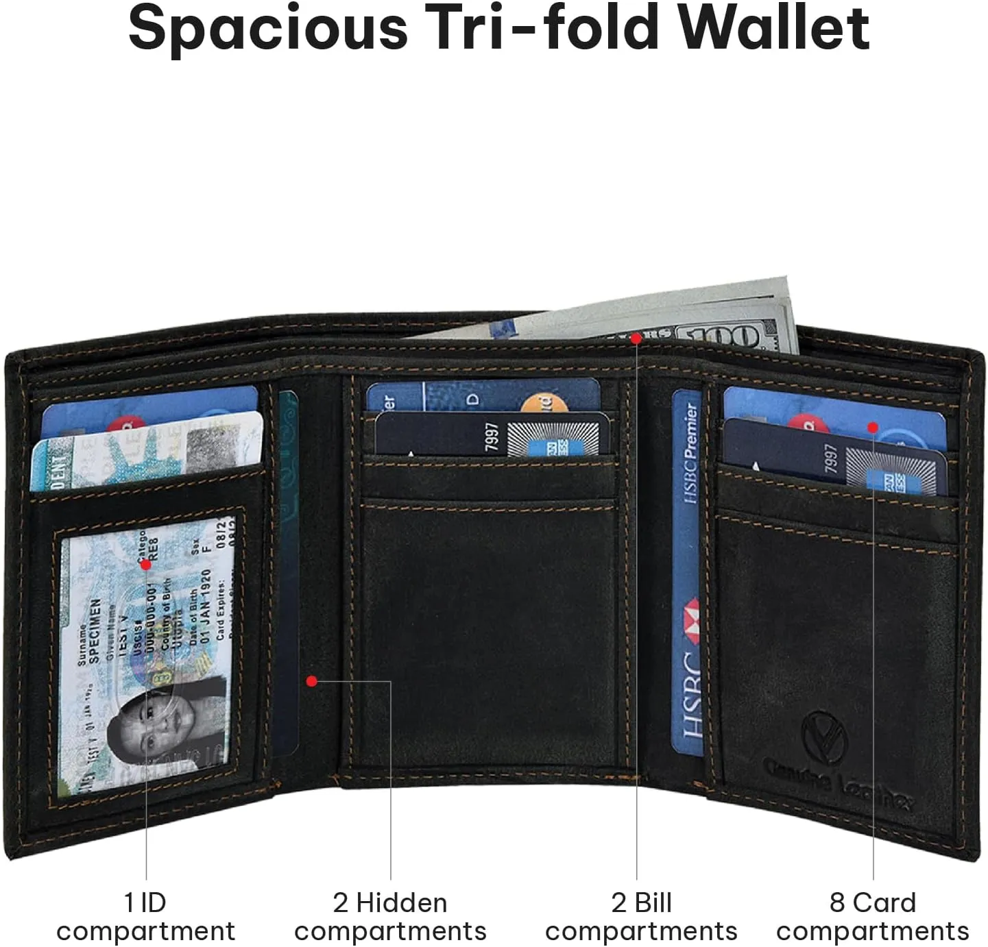 VALENCHI Leather Trifold Wallet For Men - RFID Blocking - 7 Card Slots, 2 Note Compartments & 1 ID Window - Minimalist Design, Slim Wallet - Premium, Fashionable Accessory Gifts for Men, Him