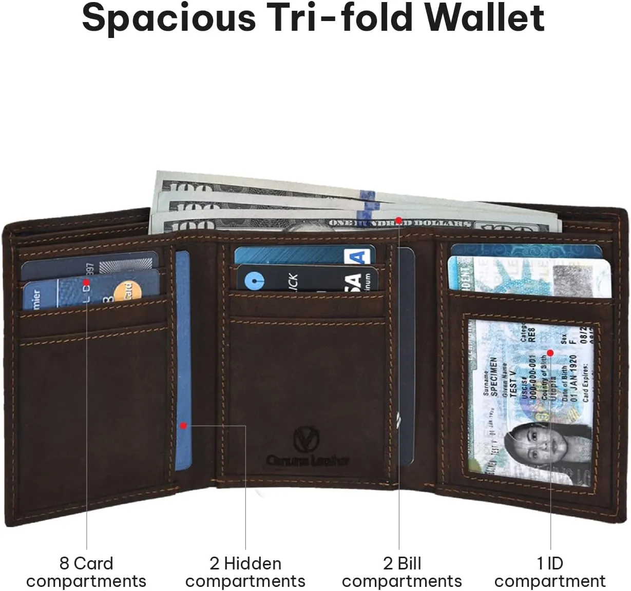 VALENCHI Leather Trifold Wallet For Men - RFID Blocking - 7 Card Slots, 2 Note Compartments & 1 ID Window - Minimalist Design, Slim Wallet - Premium, Fashionable Accessory Gifts for Men, Him
