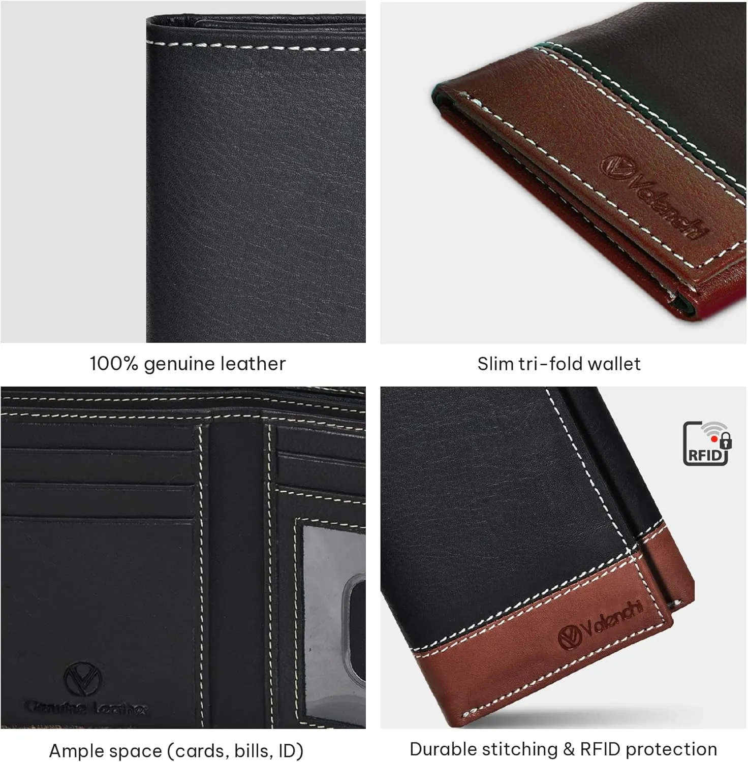 VALENCHI Leather Trifold Wallet For Men - RFID Blocking - 7 Card Slots, 2 Note Compartments & 1 ID Window - Minimalist Design, Slim Wallet - Premium, Fashionable Accessory Gifts for Men, Him
