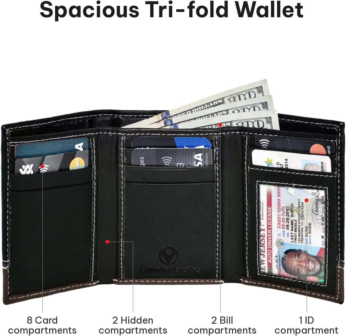 VALENCHI Leather Trifold Wallet For Men - RFID Blocking - 7 Card Slots, 2 Note Compartments & 1 ID Window - Minimalist Design, Slim Wallet - Premium, Fashionable Accessory Gifts for Men, Him