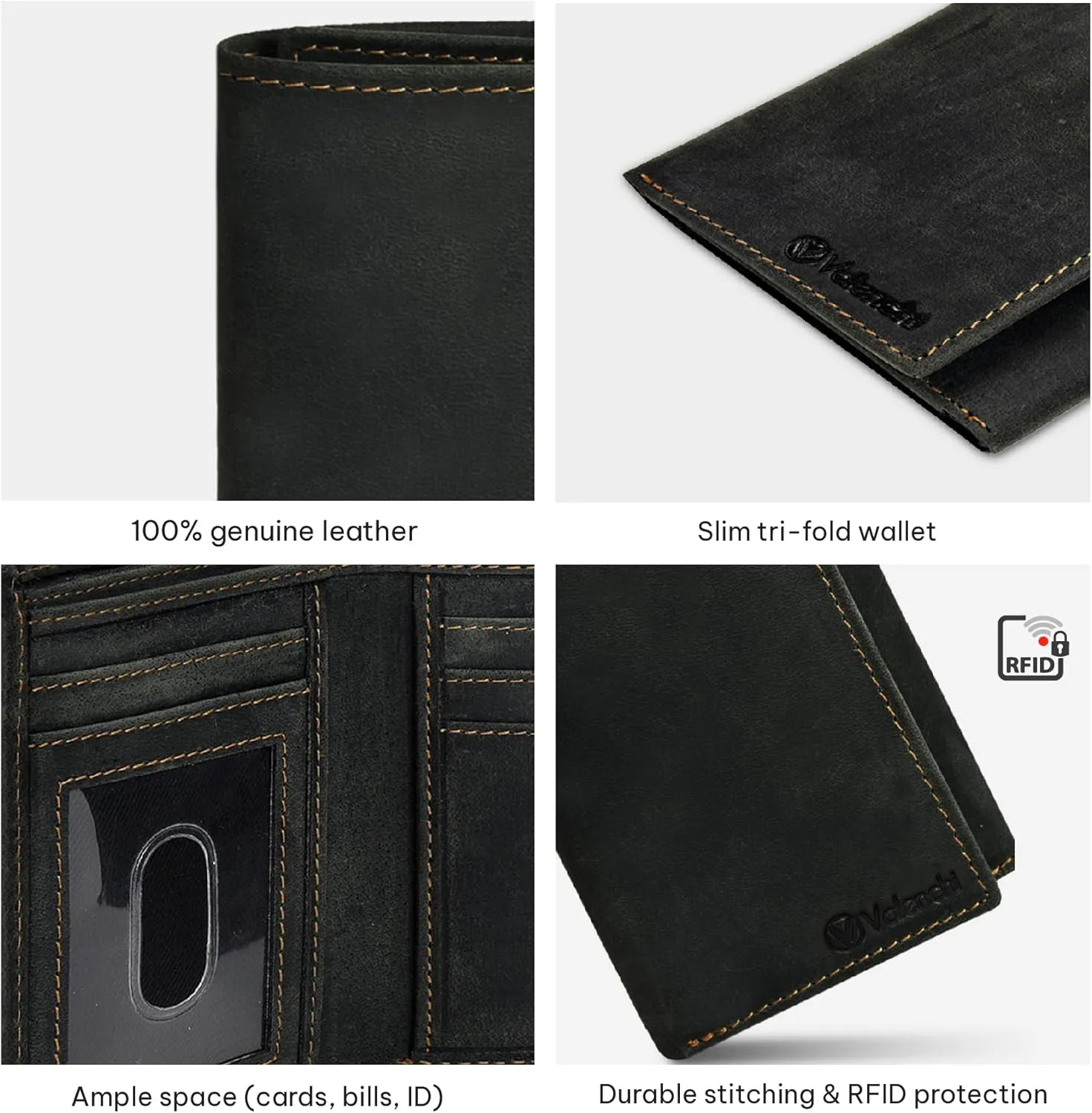 VALENCHI Leather Trifold Wallet For Men - RFID Blocking - 7 Card Slots, 2 Note Compartments & 1 ID Window - Minimalist Design, Slim Wallet - Premium, Fashionable Accessory Gifts for Men, Him