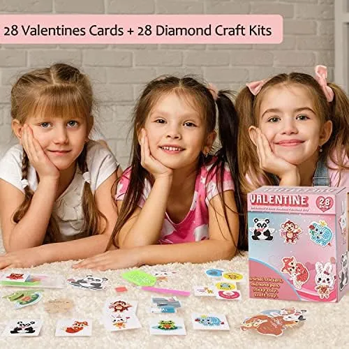 Valentines Day Cards for Kids - 28pcs Diamond Animal Craft Kits Valentines Cards, Kids Valentines Day Cards with 7 Different Gem Stickers for School Classroom Valentine's Gifts Exchange Decorations