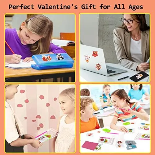 Valentines Day Cards for Kids - 28pcs Diamond Animal Craft Kits Valentines Cards, Kids Valentines Day Cards with 7 Different Gem Stickers for School Classroom Valentine's Gifts Exchange Decorations