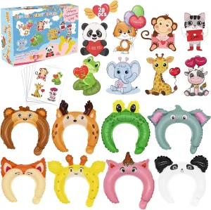 Valentines Day Cards for Kids School 28 Pcs Animal Inflatable Headbands, Zoo Animal Greeting Cards with Envelopes and Stickers for School Classroom Exchange Gift, Boys & Girls Valentine's Party Favors