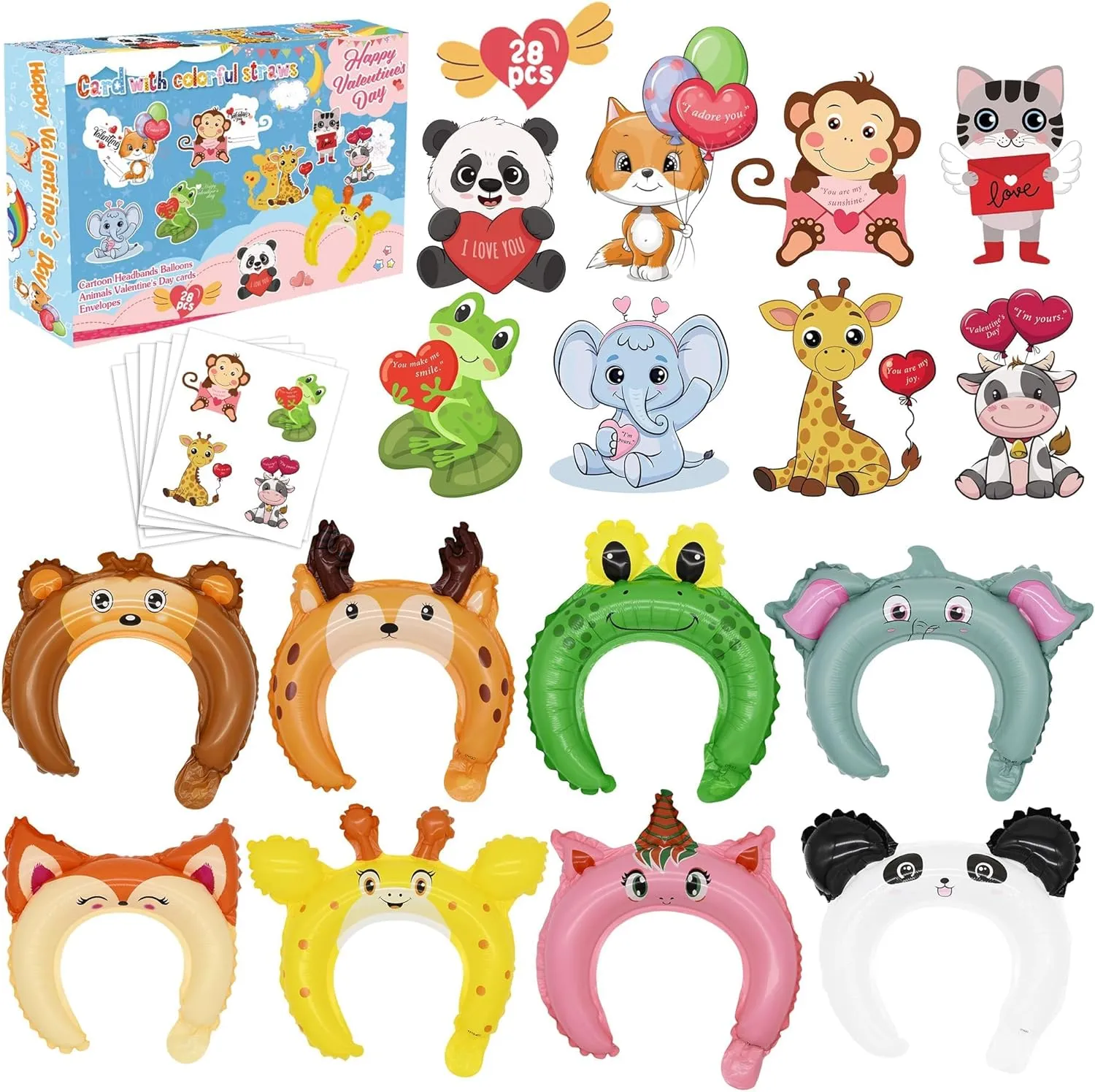 Valentines Day Cards for Kids School 28 Pcs Animal Inflatable Headbands, Zoo Animal Greeting Cards with Envelopes and Stickers for School Classroom Exchange Gift, Boys & Girls Valentine's Party Favors