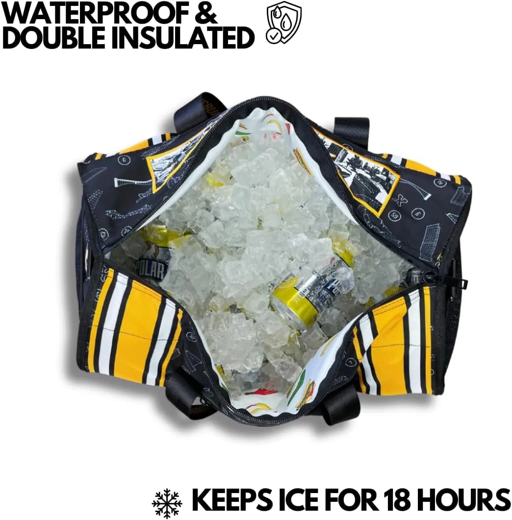 Varsity Cooler Pittsburgh Travel Party Duffel & Cooler – 30 Can Leakproof Insulated Tote Bag, Waterproof Soft compartment for Tailgating, Golf, Beach, Carry-On Luggage & Outdoor Sports
