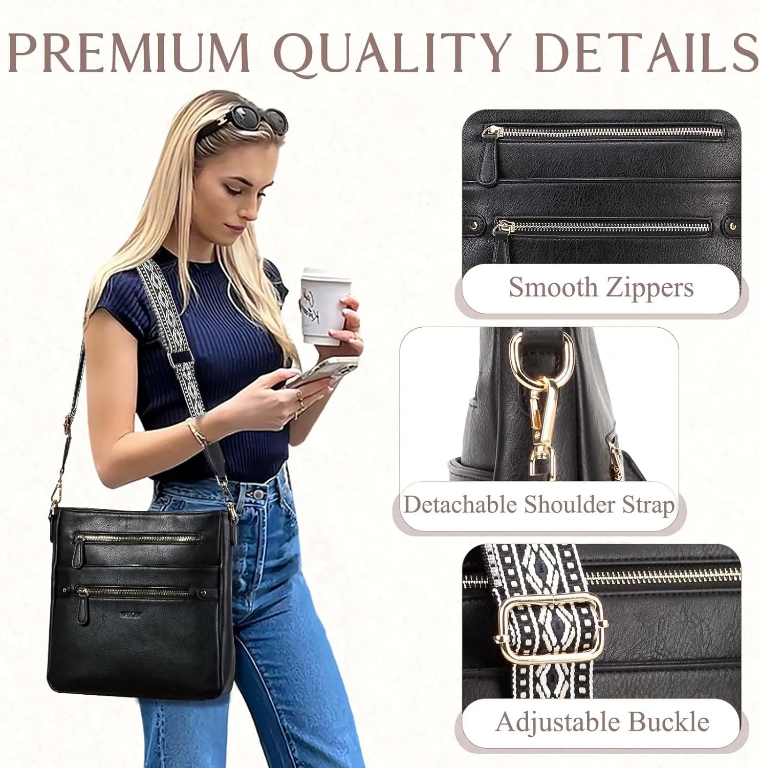 VASCHY Crossbody Bag Purse for Women, Fashion Vegan Leather Medium Multi-pocket Cross Body Messenger Bag Handbag Guitar Strap