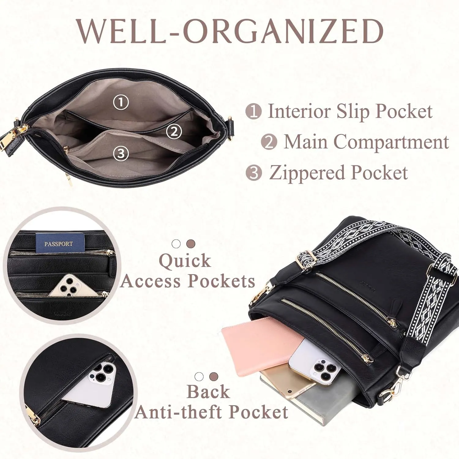 VASCHY Crossbody Bag Purse for Women, Fashion Vegan Leather Medium Multi-pocket Cross Body Messenger Bag Handbag Guitar Strap