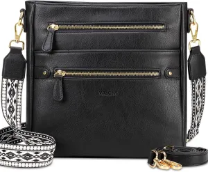 VASCHY Crossbody Bag Purse for Women, Fashion Vegan Leather Medium Multi-pocket Cross Body Messenger Bag Handbag Guitar Strap