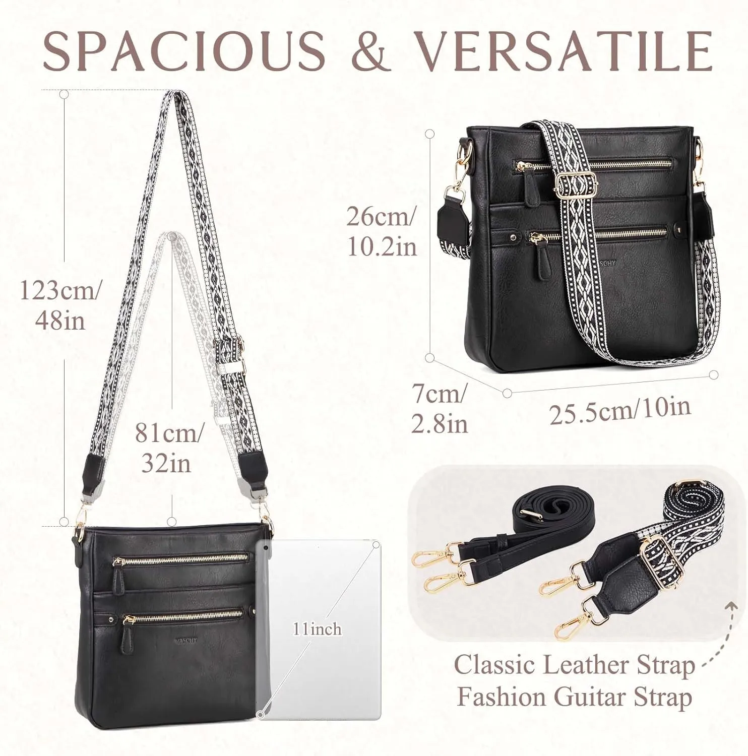 VASCHY Crossbody Bag Purse for Women, Fashion Vegan Leather Medium Multi-pocket Cross Body Messenger Bag Handbag Guitar Strap