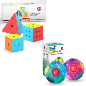 Vdealen Magic Rainbow Puzzle Ball & 2x2x2 3x3x3 Pyramid Magic Cube Set