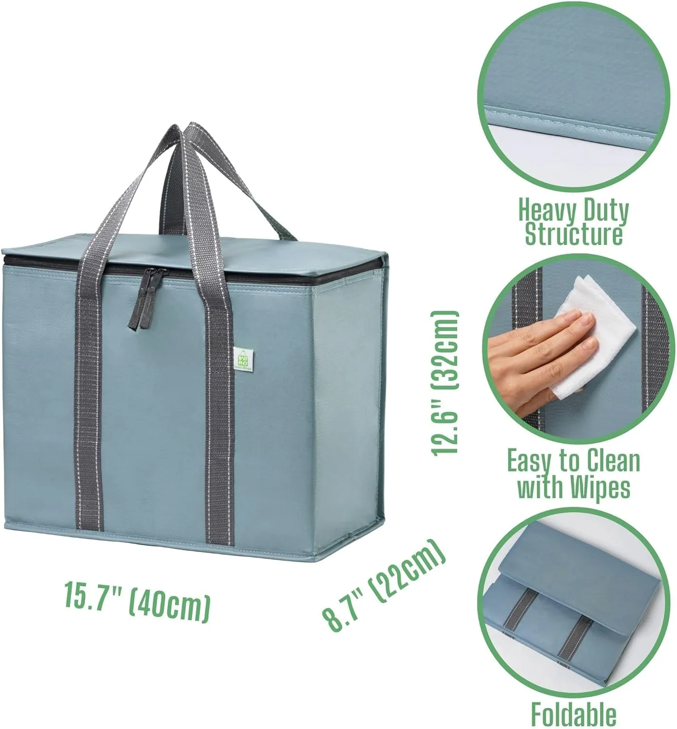 VENO 2 Pack Cooler Bag and Insulated Grocery Bags for Food Delivery, Collapsible Cooler. Reusable Shopping Bags for Groceries with Hard Bottom, Zippered, Foldable, Heavy-Duty (Light Blue, 2 Pack)