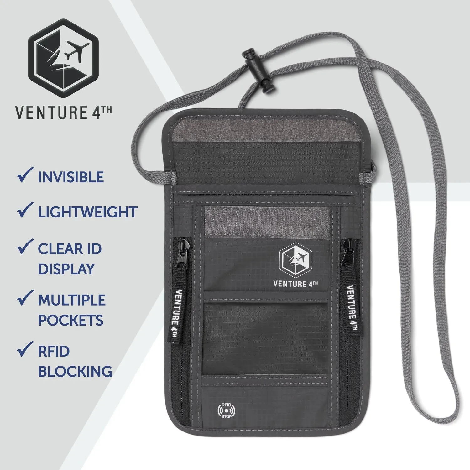VENTURE 4TH Passport Holder Neck Wallet with RFID Blocking Nylon Lining - Hidden Neck Pouch for Travel (Gray)