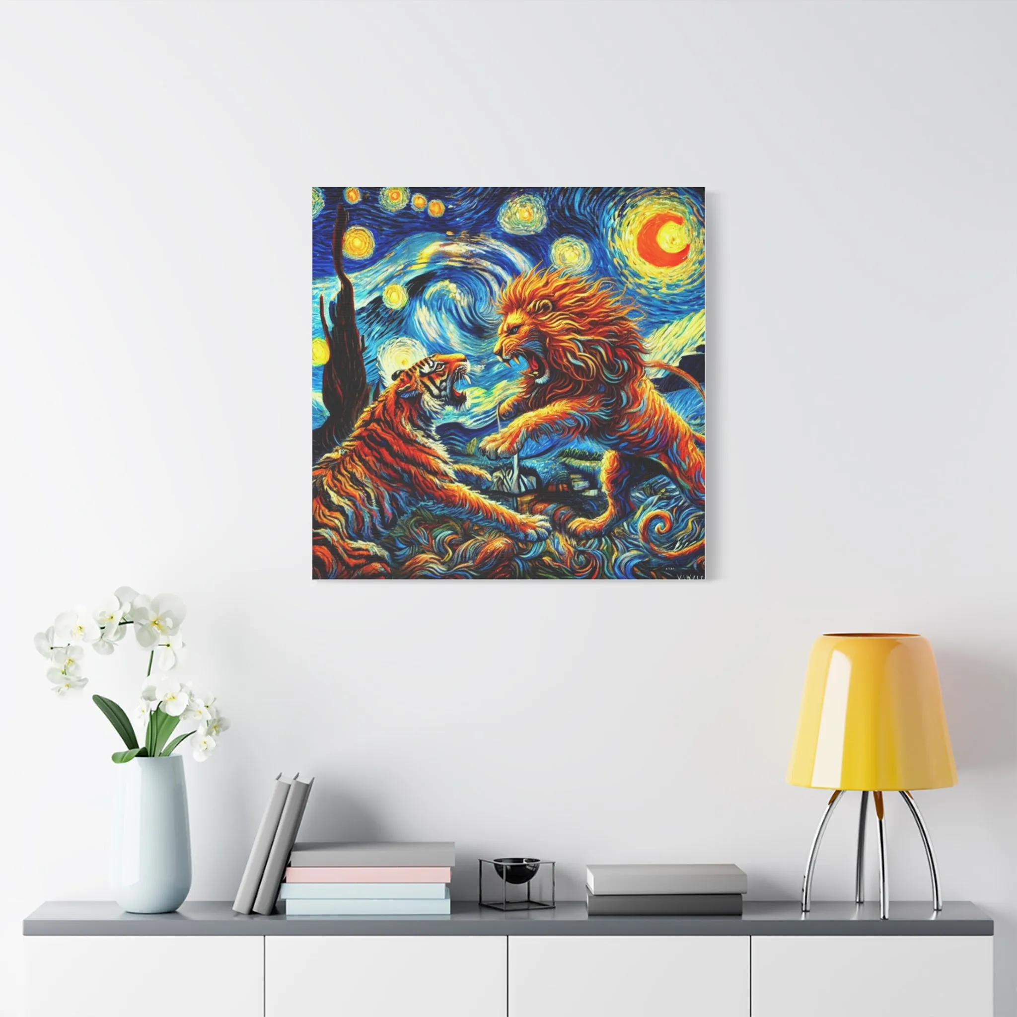 Vibrant Animal Art Canvas - Tiger vs Lion Stretched Print, Gifts for friends, Gifts for love ones, Home decoration, Office decoration