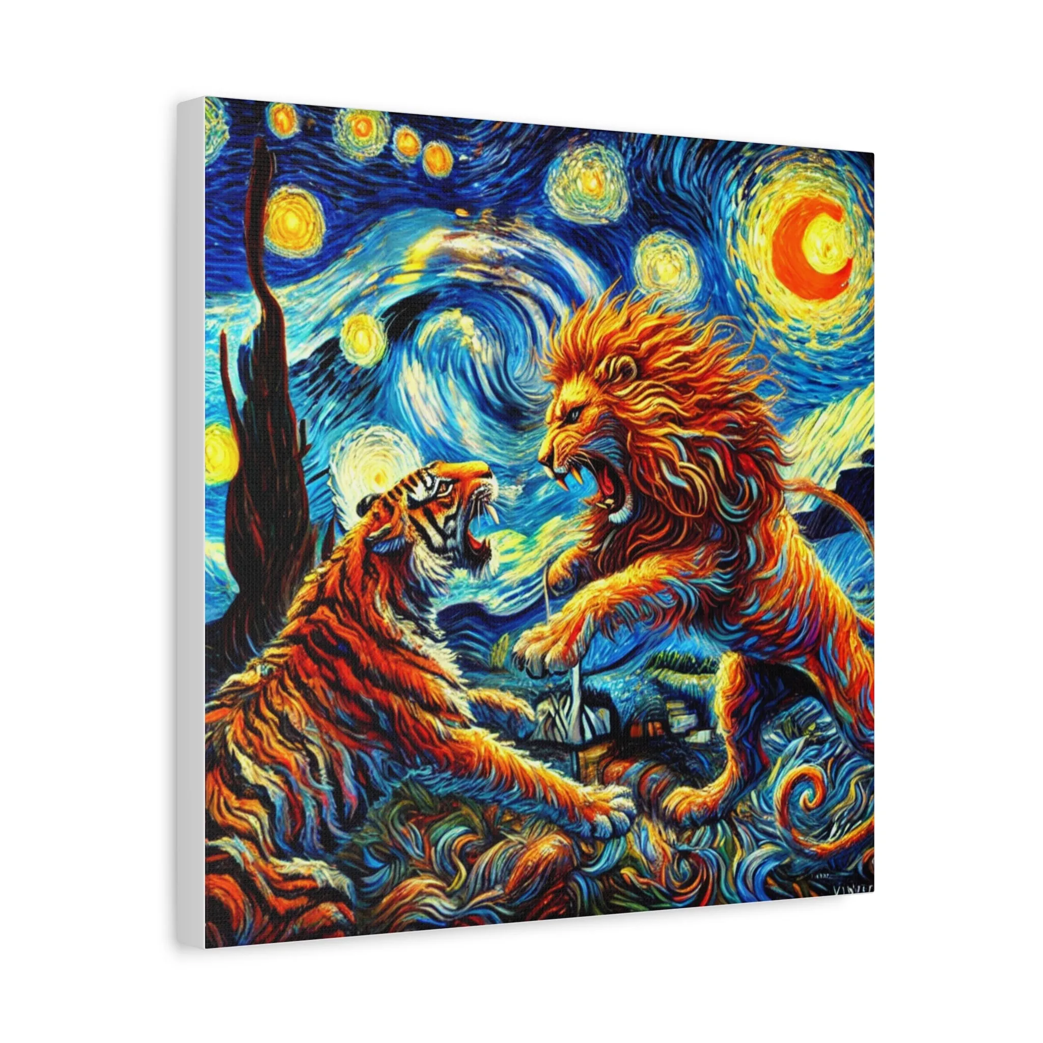 Vibrant Animal Art Canvas - Tiger vs Lion Stretched Print, Gifts for friends, Gifts for love ones, Home decoration, Office decoration