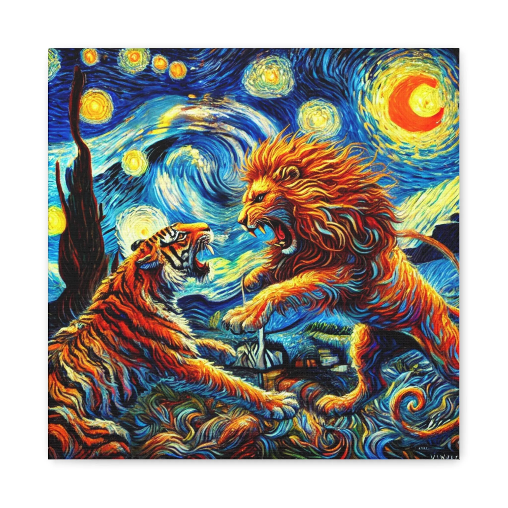 Vibrant Animal Art Canvas - Tiger vs Lion Stretched Print, Gifts for friends, Gifts for love ones, Home decoration, Office decoration