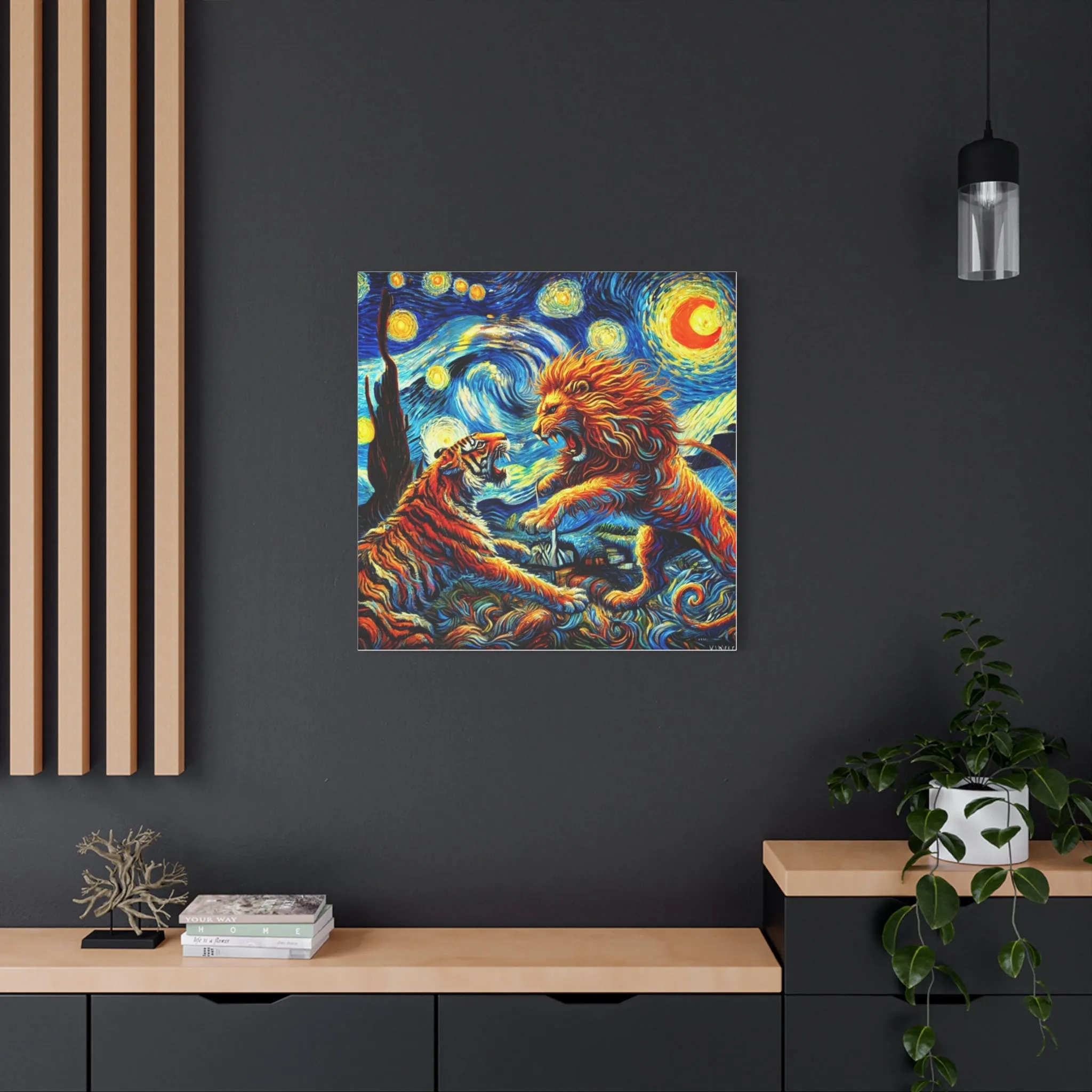 Vibrant Animal Art Canvas - Tiger vs Lion Stretched Print, Gifts for friends, Gifts for love ones, Home decoration, Office decoration