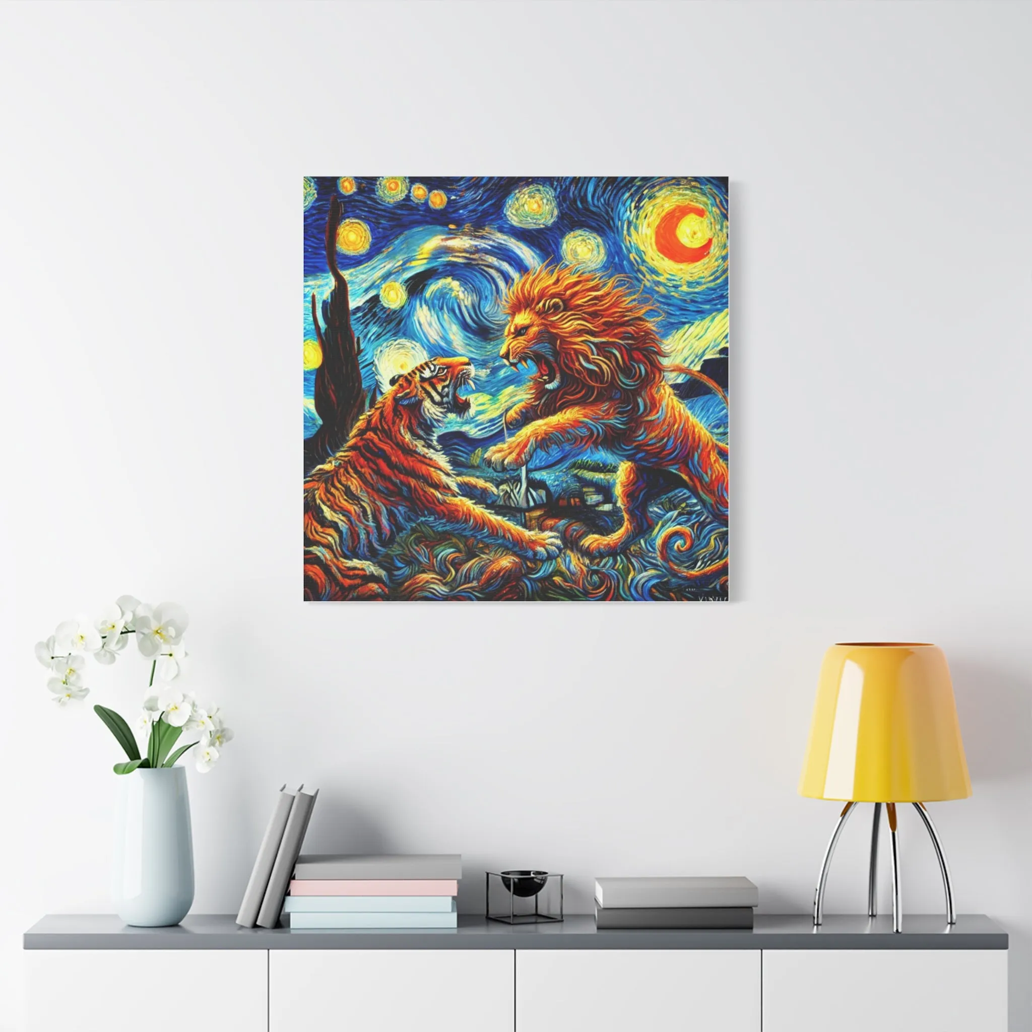 Vibrant Animal Art Canvas - Tiger vs Lion Stretched Print, Gifts for friends, Gifts for love ones, Home decoration, Office decoration