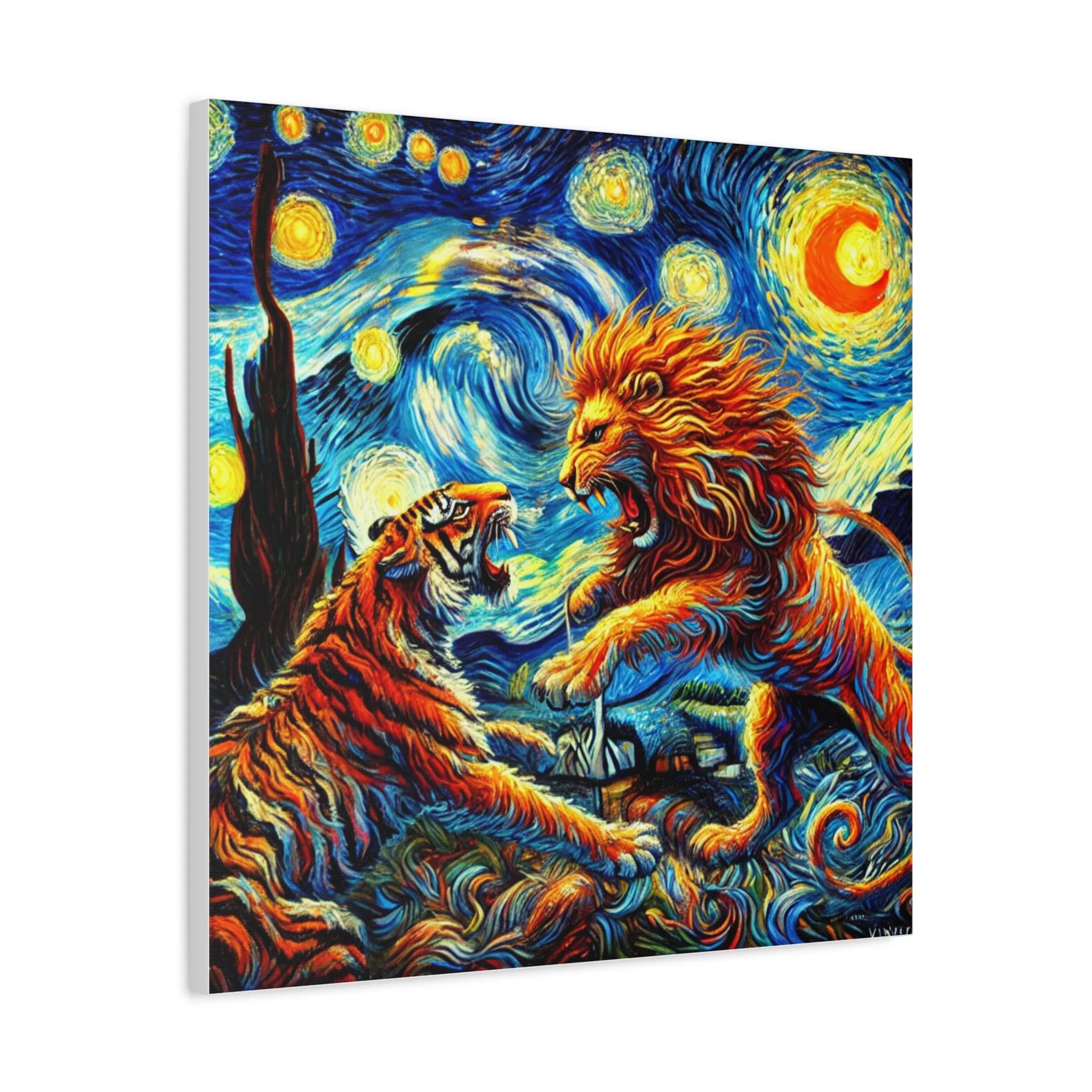 Vibrant Animal Art Canvas - Tiger vs Lion Stretched Print, Gifts for friends, Gifts for love ones, Home decoration, Office decoration