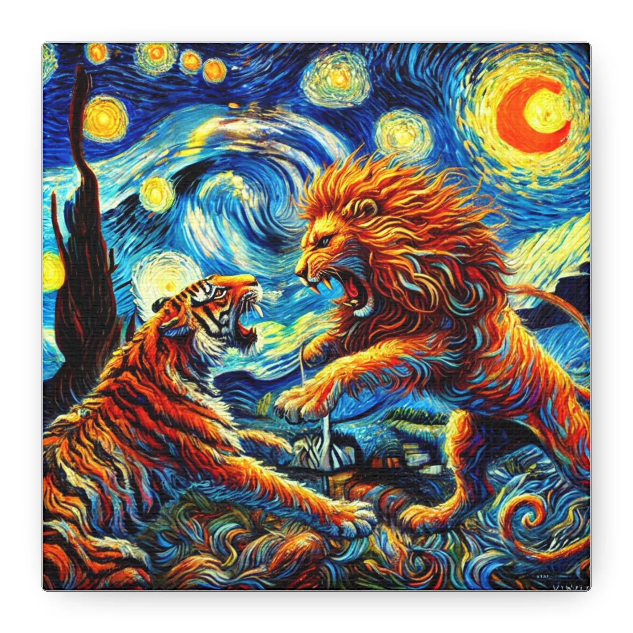 Vibrant Animal Art Canvas - Tiger vs Lion Stretched Print, Gifts for friends, Gifts for love ones, Home decoration, Office decoration