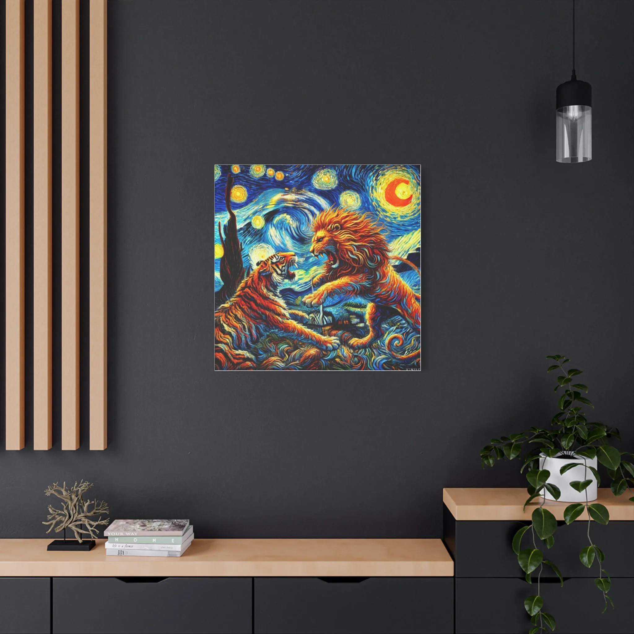 Vibrant Animal Art Canvas - Tiger vs Lion Stretched Print, Gifts for friends, Gifts for love ones, Home decoration, Office decoration