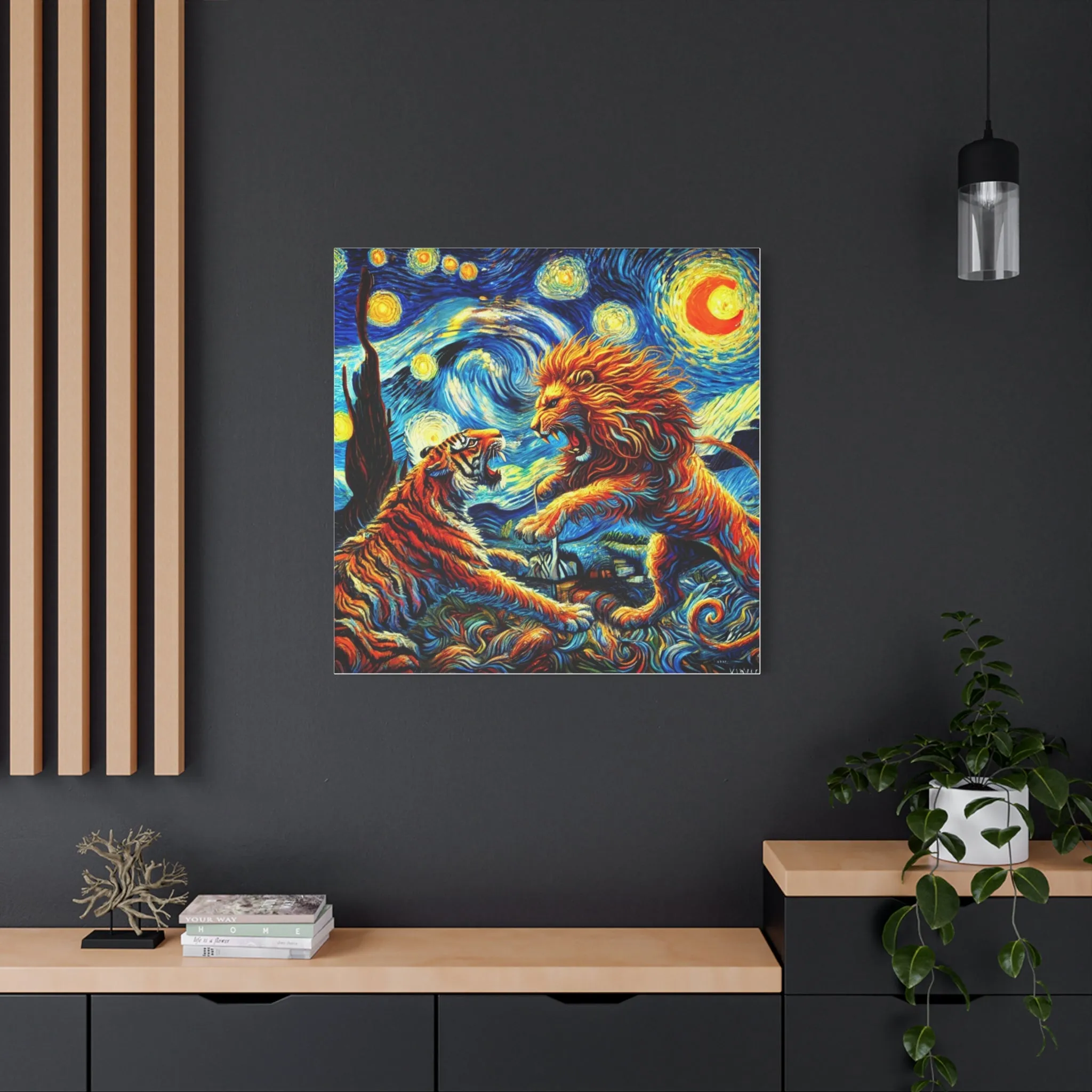Vibrant Animal Art Canvas - Tiger vs Lion Stretched Print, Gifts for friends, Gifts for love ones, Home decoration, Office decoration
