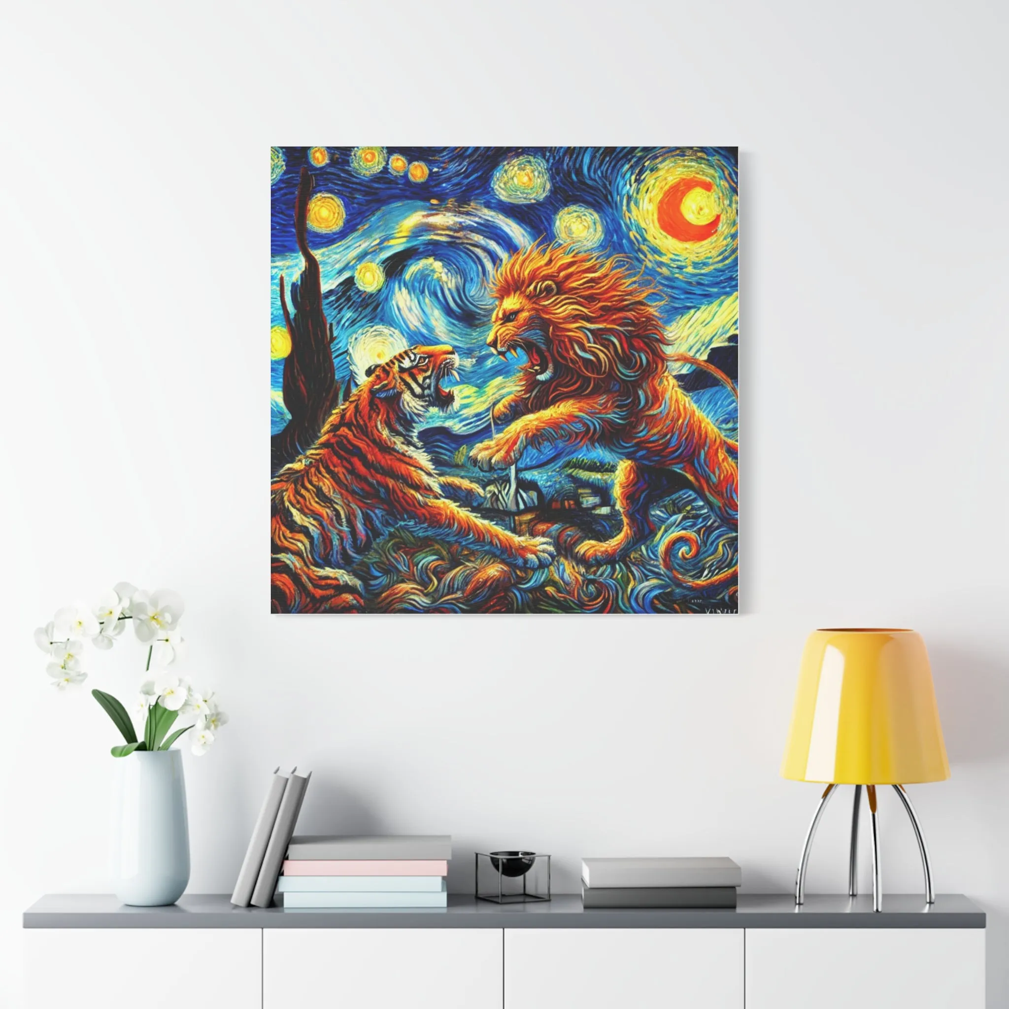 Vibrant Animal Art Canvas - Tiger vs Lion Stretched Print, Gifts for friends, Gifts for love ones, Home decoration, Office decoration