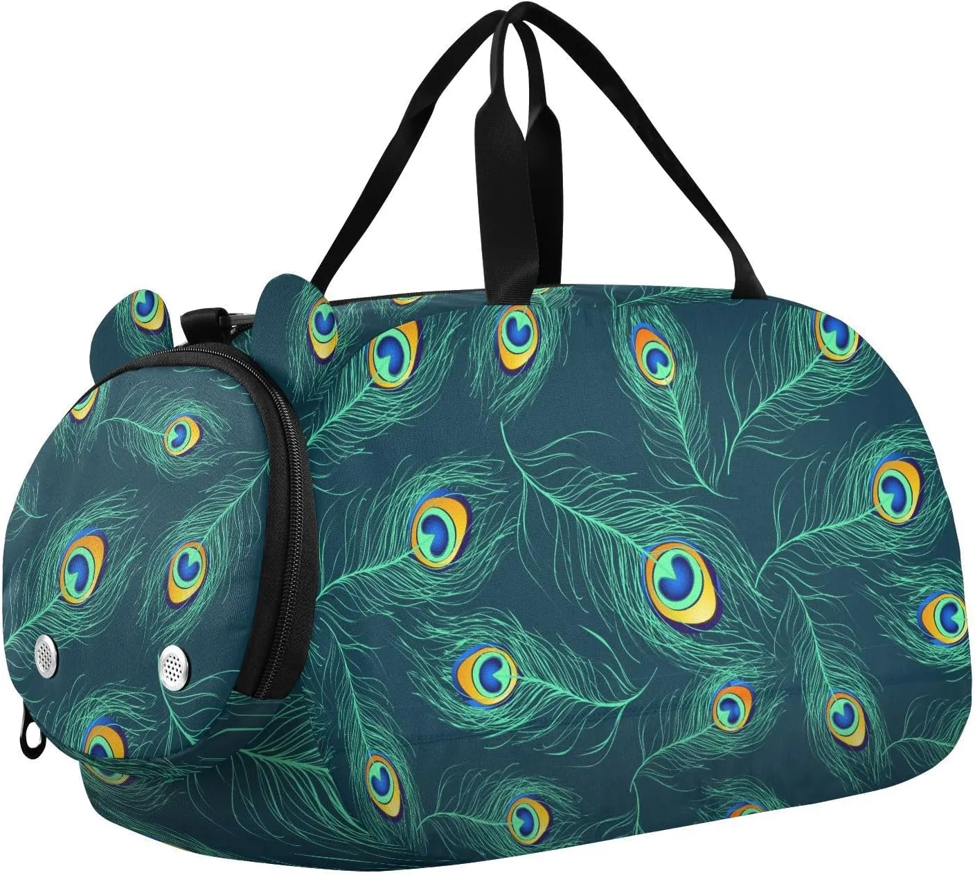 VIGTRO Blue Green Peacock Feathers Kids Overnight Travel Duffel Bag Sport Gym Bag for Boys Girls with Shoe Compartment, Carry On Weekender Luggage Bag for Dance Swim Yoga