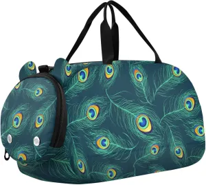 VIGTRO Blue Green Peacock Feathers Kids Overnight Travel Duffel Bag Sport Gym Bag for Boys Girls with Shoe Compartment, Carry On Weekender Luggage Bag for Dance Swim Yoga