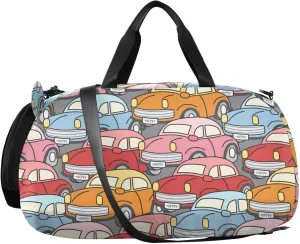 VIGTRO Cute Cars Gray Background Kids Overnight Travel Duffel Bag Sport Gym Bag for Boys Girls with Shoe Compartment, Carry On Weekender Luggage Bag for Dance Swim Yoga