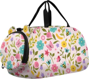 VIGTRO Cute Caterpillars Bees Flowers Kids Overnight Travel Duffel Bag Sport Gym Bag for Boys Girls with Shoe Compartment, Carry On Weekender Luggage Bag for Dance Swim Yoga