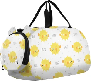 VIGTRO Cute Yellow Blow Fish Kids Overnight Travel Duffel Bag Sport Gym Bag for Boys Girls with Shoe Compartment, Carry On Weekender Luggage Bag for Dance Swim Yoga