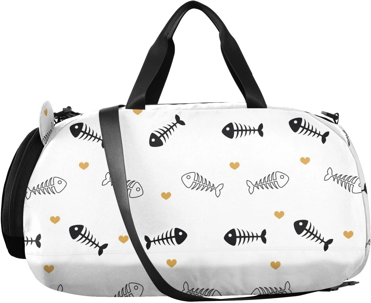 VIGTRO Fish Bone with Hearts Pattern Kids Overnight Travel Duffel Bag Sport Gym Bag for Boys Girls with Shoe Compartment, Carry On Weekender Luggage Bag for Dance Swim Yoga