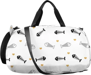 VIGTRO Fish Bone with Hearts Pattern Kids Overnight Travel Duffel Bag Sport Gym Bag for Boys Girls with Shoe Compartment, Carry On Weekender Luggage Bag for Dance Swim Yoga