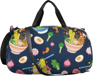 VIGTRO Japanese Yummy Ramen Eggs Kids Overnight Travel Duffel Bag Sport Gym Bag for Boys Girls with Shoe Compartment, Carry On Weekender Luggage Bag for Dance Swim Yoga