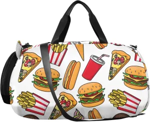 VIGTRO Junk Food Drinks Pizza Kids Overnight Travel Duffel Bag Sport Gym Bag for Boys Girls with Shoe Compartment, Carry On Weekender Luggage Bag for Dance Swim Yoga