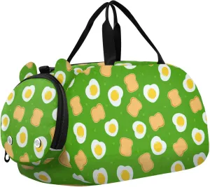 VIGTRO Sliced Toast Bread and Egg Kids Overnight Travel Duffel Bag Sport Gym Bag for Boys Girls with Shoe Compartment, Carry On Weekender Luggage Bag for Dance Swim Yoga