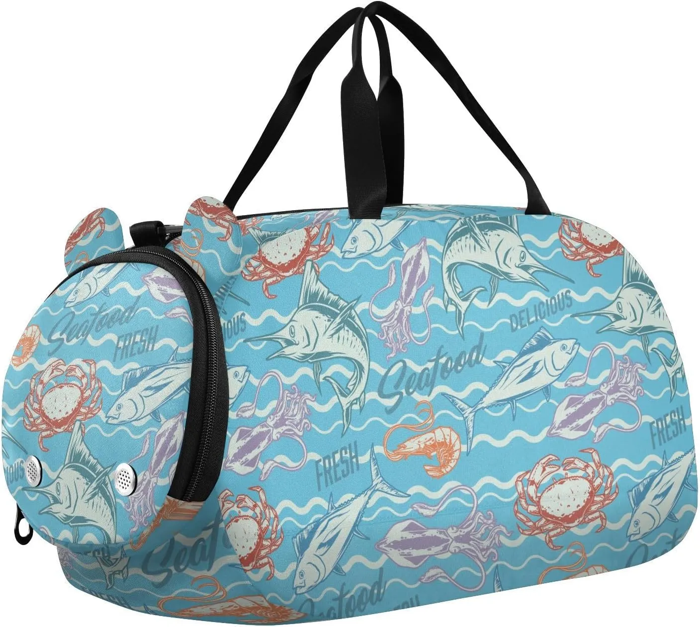 VIGTRO Tuna Fish Squid Shrimp Seafood Kids Overnight Travel Duffel Bag Sport Gym Bag for Boys Girls with Shoe Compartment, Carry On Weekender Luggage Bag for Dance Swim Yoga