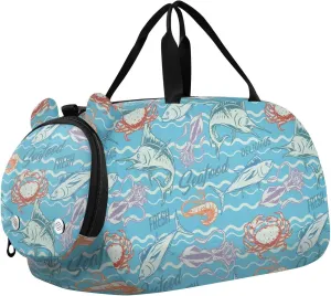 VIGTRO Tuna Fish Squid Shrimp Seafood Kids Overnight Travel Duffel Bag Sport Gym Bag for Boys Girls with Shoe Compartment, Carry On Weekender Luggage Bag for Dance Swim Yoga